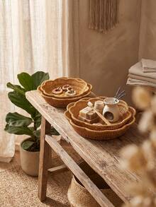 3pcs/1pc Handmade Woven Rattan Style Trays, Woven Rattan Fruit Baskets And Food Plates, Snack Trays, Woven Oval Dishes, Outdoor Picnic Plates, Reusable Dinnerware For Breakfast, Drinks, Coffee Tables, Farmhouse Home Decor - Round Lace - View 2