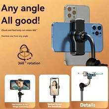 1pc/Adjustable Rotating Phone Stand Waterproof ABS Desktop Tripod, Phone Video/Live Streaming Holder, Effortless Stand, Phone Holder (Refer To Page Video For Installation Steps), Gift, Present, Fixed Stand - Black - View 2