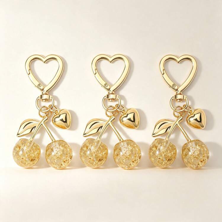 1 Set 3pcs Unisex New Shiny Faux Cherry Keychain Fashion Exquisite 3D Cherry Bag Pendant - Yellow - View 1