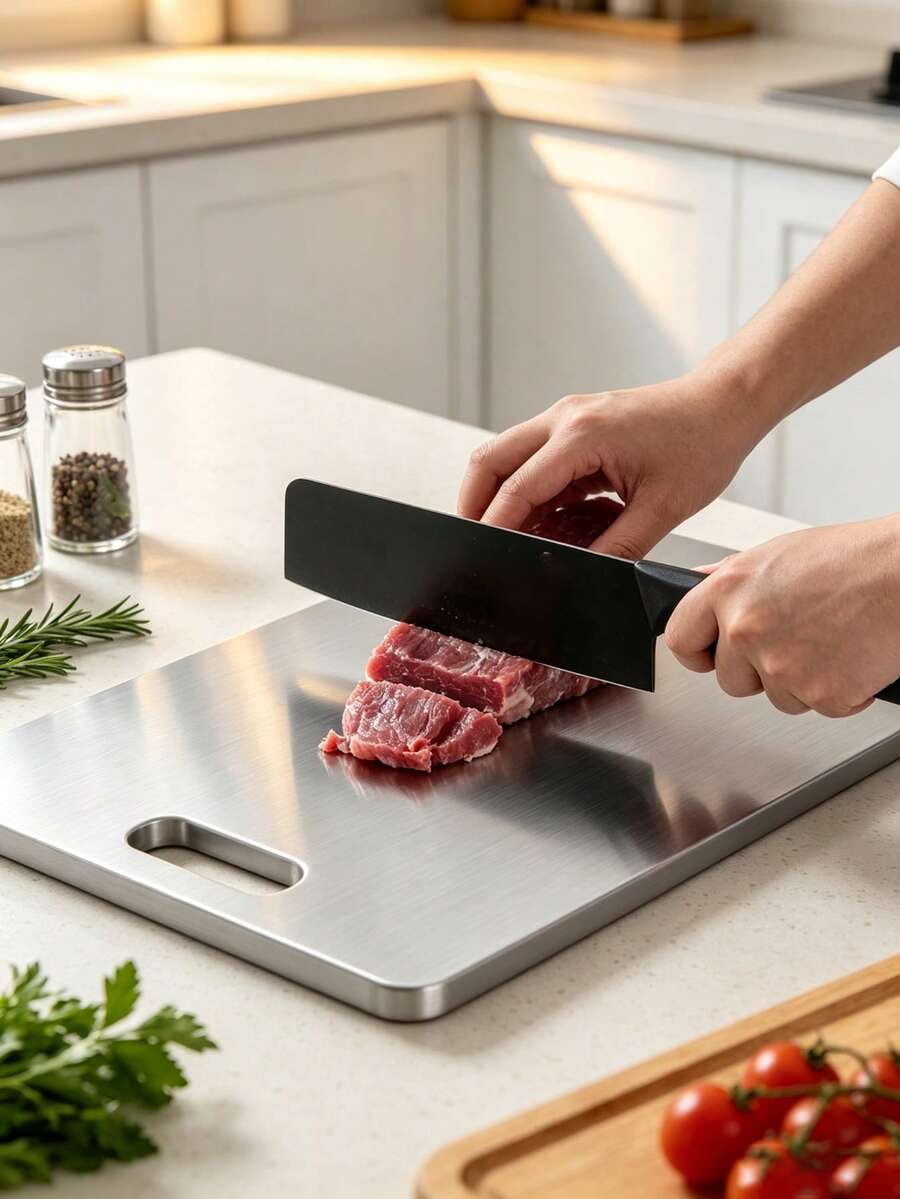 3pcs/1pc Silver Stainless Steel Cutting Board, Odor-Resistant, Stain-Resistant And Rust-Resistant, Kitchen Accessory, Kitchen Gadget, Essential Kitchen Item. Suitable For Large Cutting Board For Meat, Fruit, Vegetable, Bread And Baking Food On Kitchen Countertop, Easy To Clean And Durable, Christmas/Back To School. - Silver - View 1