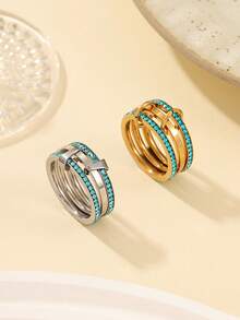 1/2pcs Stainless Steel 304 Material Gold And Silver Inlaid With Light Blue Rhinestone Triple Ring Stackable Rings, Set Purchase Comes With Card, Also Available For Individual Color Purchase, Suitable For Women's Daily Decoration Or Gift - Multicolor - View 6