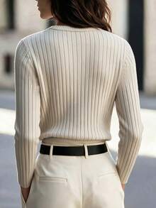 Women's Ribbed Knit Mock Neck Sweater, Shoulder Button Detail Long Sleeve Slim Fit Pullover, Minimalist Commuter Casual Top For Fall Winter - Apricot - View 4