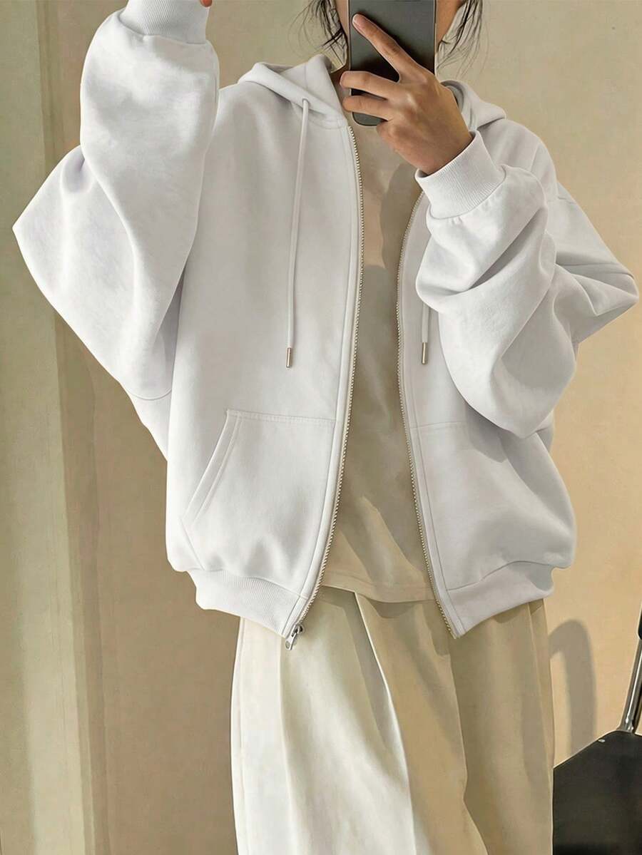 Women's Cotton Top, Basic Loose Zip-Up Hoodie, Soft Breathable Drop Shoulder Long Sleeve Sweatshirt For Spring And Autumn - White - View 1