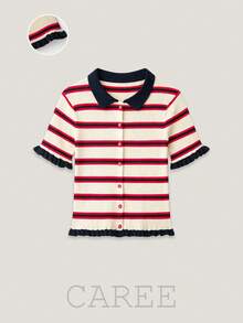 CAREE Women's Spring/Summer White Red Navy Blue Horizontal Striped Peter Pan Collar Ruffle Short Sleeve Cropped Knit Cardigan - Multicolor - View 1