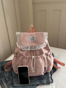Colorblock Star Decor Backpack, Drawstring Closure Flap Lace Large Capacity, Suitable For Travel, Shopping, Vacation, Japanese Style, Back To School Season - Pink - View 6