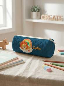 1pc Customized Embroidered Name Rhombus Round Pencil Case, Can Be Customized According To Your Unique Design, Perfect For Children To Store Pencils, Print Your Own Name Or Print Your Sister's And Classmates' Names As Gifts For Them - Multicolor - View 4