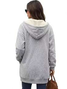 Autumn And Winter New Lamb Wool Solid Color Loose Casual Zipper Cardigan Warm Hooded Jacket - Light Grey - View 2
