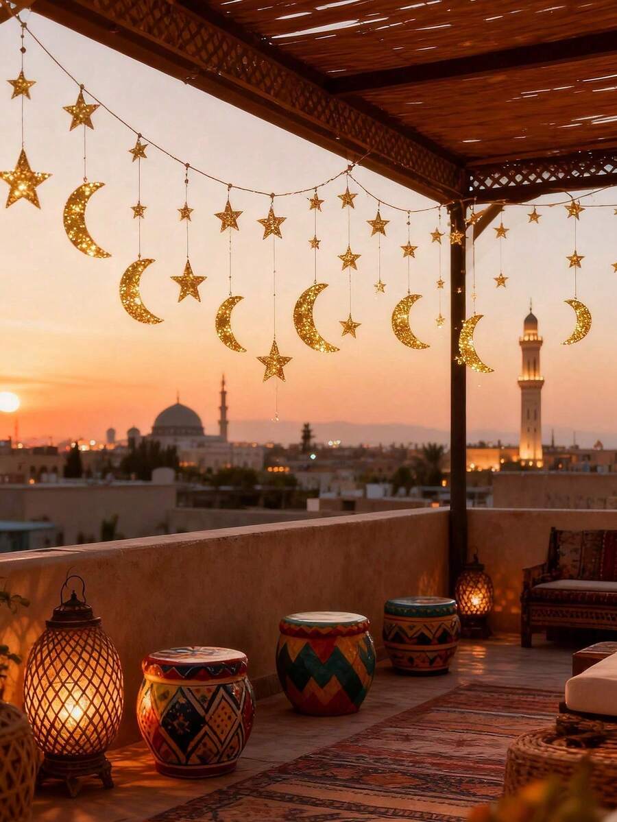 Dreamy Moon & Star Pendant 3 Meters Long Temple Garland Wall Decor, Lightweight & Easy To Hang, Reusable, Suitable For Home Bedroom, Window, Garden, Wedding, Party, Eid, Graduation Gift - Multiple Styles - View 1