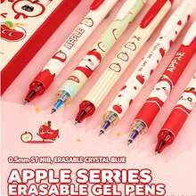 6pcs Apple Erasable Neutral Pen Set, 0.5mm Retractable Ballpoint Pen, Blue Ink, Built-In Eraser, School And Office Supplies, Back To School, Reward Stationery, Holiday Gift Choice - Multicolor - View 5