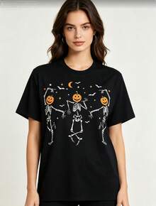 Vintage Spooky Dancing Skull Print Loose-Fit T-Shirt, Soft Breathable Cotton Short-Sleeve Shirt For Men And Women, - Black - View 1