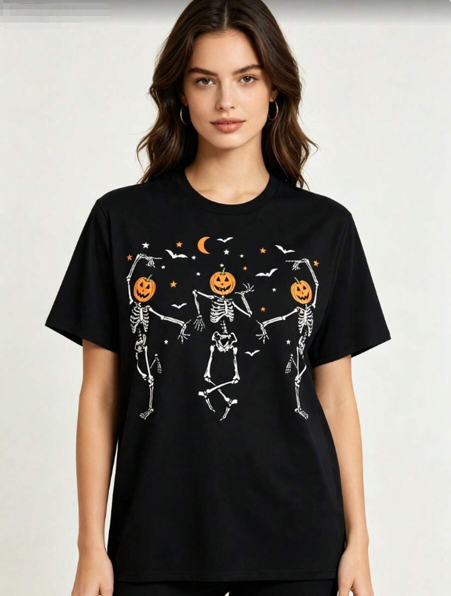 Vintage Spooky Dancing Skull Print Loose-Fit T-Shirt, Soft Breathable Cotton Short-Sleeve Shirt For Men And Women, - Black - View 1