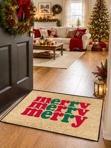 1pc, Winter Christmas Funny Red & Green Lettering Greeting Pattern Doormat, Holiday Style Machine Washable Polyester Fiber Mat, Suitable For Indoor, Party, Daily Decor, All Season Use - Red - View 12