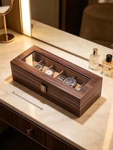 1pc Walnut Wood Watch Storage Box With Clear Glass Lid & Brass Latch, Watch Display Case With Soft Liner, Men Wristwatch Collector Organizer For Dresser Bedroom Jewelry Storage Gift - Multicolor - View 9
