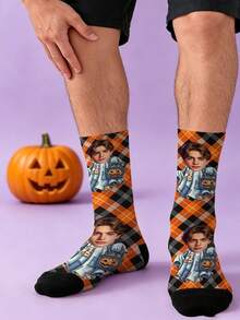 1 Pair Of Custom Socks, Smiling Face Custom Socks, Halloween, Plaid, Fun Socks, Birthday Gift, Wedding Gift, Friend Gift, Family Socks, Holiday - Multicolor - View 2