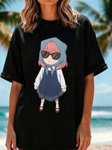 Oversized T-Shirt With AnyaForger Chibi Graphic, Comfortable For Everyday Wear And Casual Outings - 黑色 - 查看 1