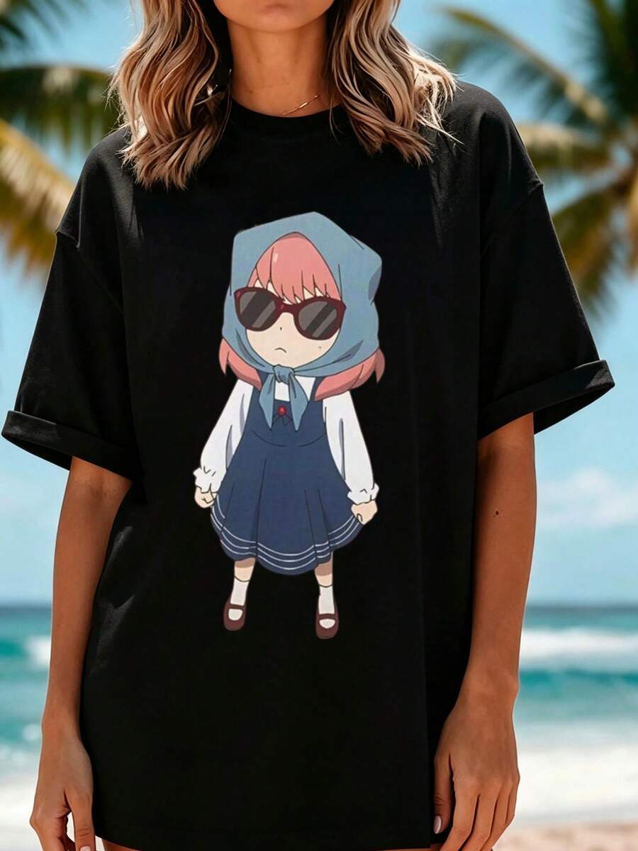 Oversized T-Shirt With AnyaForger Chibi Graphic, Comfortable For Everyday Wear And Casual Outings - 黑色 - 查看 1