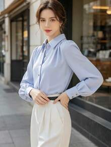 女款優雅藍色襯衫，輕奢高端通勤風，四季皆宜，專業外套上衣，純色前扣鈕扣 - 藍色 - 查看 6