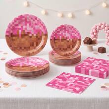 10/20/40/60 Pcs,Pink Pixel Block Themed Disposable Paper Plates And Napkins,Video Game Pixel Print 9 Inch & 7 Inch Dinner Dessert Plates With Matching Tissues,Decorative Tableware For Girly Pixel‑Style Birthday Party Table Decor Supplies - Multicolor - View 6