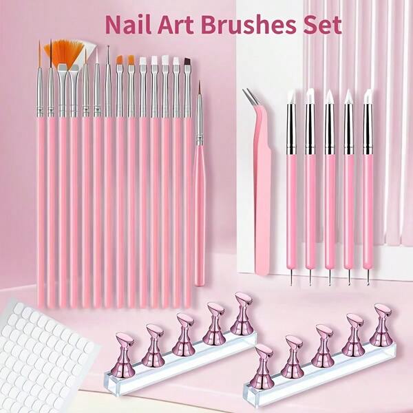 24pcs Nail Art Tool Set, All-In-One Manicure Kit With Nail Brushes, Practice Stands, Tweezers, Nail Art Supplies For Painting, Carving, Lining And Gradient For Beginners