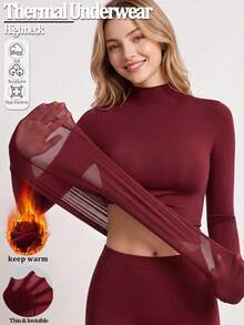 女款高領無縫保暖長袖內搭上衣，圓領修身高彈性秋冬底層衣 - 紅色 - 查看 7