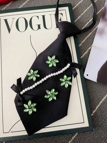 Green Rhinestone Flower Pearl Chain Black Tie-Less Necktie, Niche Personalized Women's Decorative Necktie - Green Rhinestone Floral Design - View 5