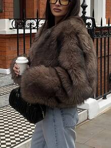 Women's Short Faux Fur Jacket, Long Sleeve, Knitted Fabric, Winter Outfit Essential - Coffee Brown - View 1