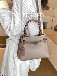 BELLEBORG 女款高級休閒拼色通勤復古帆布扣環百搭小方包手提包 - 灰色 - 查看 5