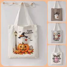 1 buah Tas Tote Kanvas Motif Hantu Kartun Halloween, Tas Bahu Genggam Kapasitas Besar, Tas Belanja yang Dapat Digunakan Kembali untuk Pesta Halloween, Membawa Buku Sehari-hari - MultiWarna - View 1