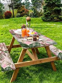 3 Pieces Picnic Tablecloth Set With Bench Cover, Elastic Edge Design, Leaf And Colorful Floral Pattern, Washable Rectangular Tablecloth, Suitable For Weddings, Camping, Picnics, Garden Parties And More, Practical Essential - A - View 2