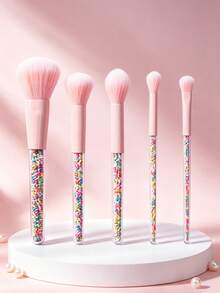 1set Cute Candy‑Toned Makeup Brush Set, Transparent Handles Filled With Colorful Beads, Soft Fluffy Bristles, Multi‑Purpose Cosmetic Brushes, Travel Essentials, Makeup Brush Set, For Vanity Desk & On‑The‑Go Makeup Application - Multicolor - View 3