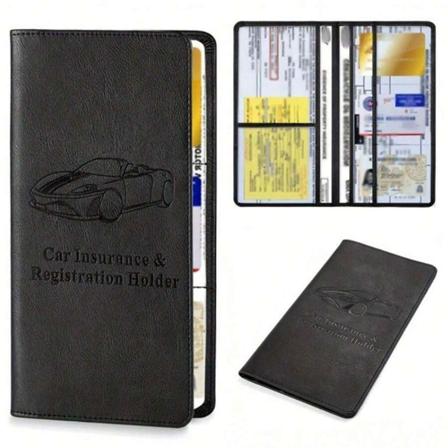 PU Leather Car Registration & Insurance Card Holder, Car Registration & Insurance Card Holder, Car Folder Glove Box Organizer, Car Insurance Folder, Unisex Car Glove Box Organizer (Black) - Black - View 1