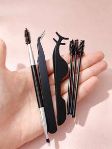 6pcs/3pcs Black Eye Makeup Tool Set With Transparent Storage Box, Includes Tweezers, False Eyelash Applicator, Eyebrow Brush, Suitable For False Eyelash Application And Eyebrow Grooming, Eye Care Tools, Home Essential, Travel Portable, Vanity Must-Have - Black - View 4