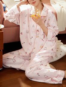 Gongdie 2pcs Miffy Women's Pajama Set, Spring/Autumn Light Pink Soft Cotton Loungewear, With Contrast Trim, Bow & Polka Dot Print - Baby Pink - View 2