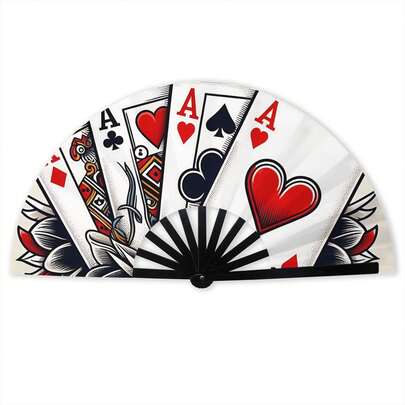 Heart & Spade Poker Print Large Folding Fan, Internet Celebrity Music Festival Photo Prop, Personalized Dark Style Fabric Handheld Fan