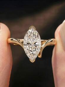 1pc 18K Gold 2ct Luxury Marquise Gemstone Ring, Gold Ring, Double Claw Half-Bezel Set Gemstone Ring, Exquisite Holiday Party Gift For Women - Yellow Gold - View 2