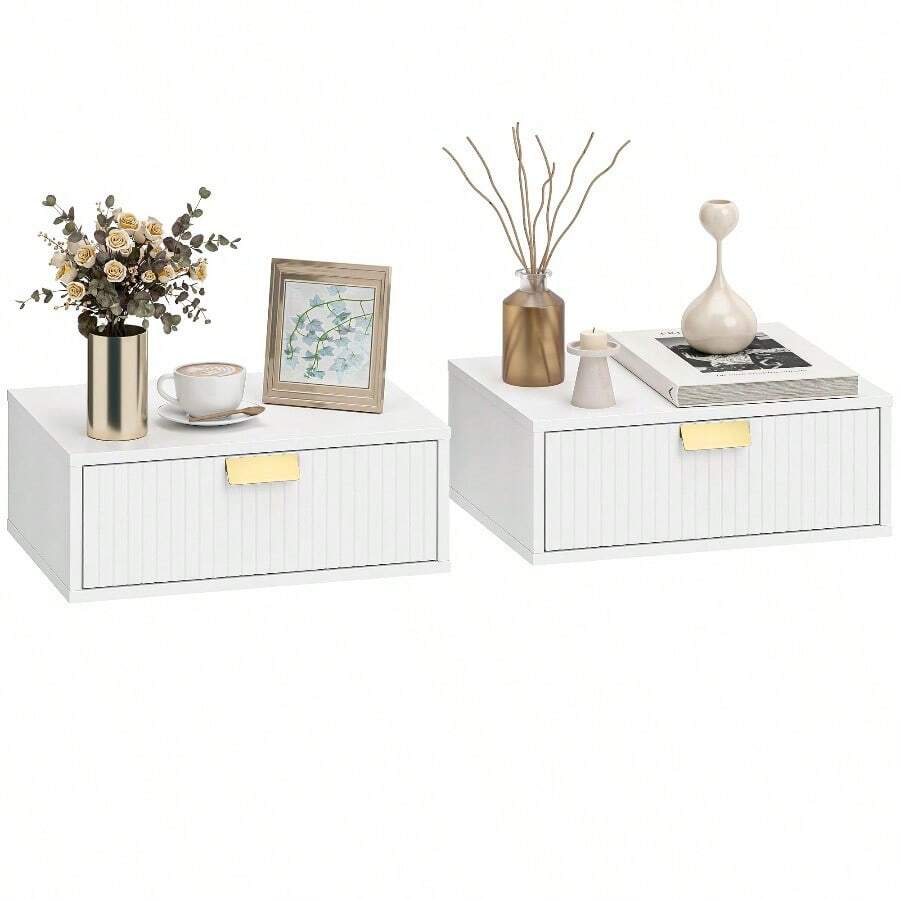 Modern Floating Wall Mounted Bedside Tables With Fluted Drawer For Bedroom And Living Room - White - View 1