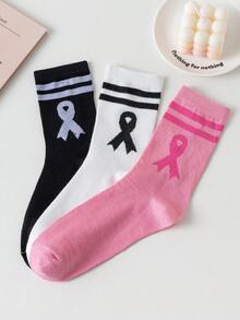 3/6/9 Pasang Kaos Kaki Wanita Model Preppy Bergaris dengan Pita, Panjang Setengah Betis, Lembut & Nyaman untuk Perjalanan Sehari-hari - MultiWarna - View 4
