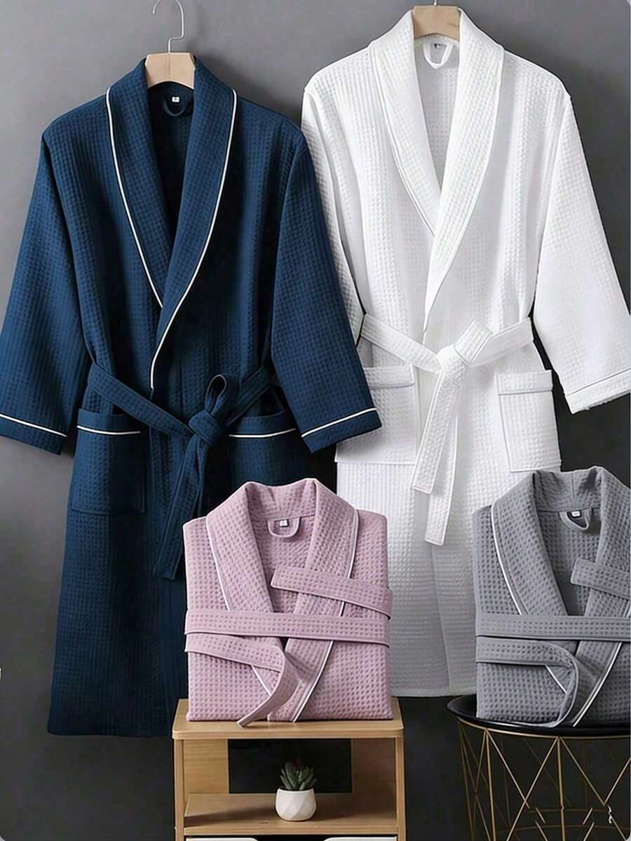 Waffle Knit Pure Cotton Bathrobe, Unisex Adult Pure Cotton Bathrobe, Spring/Summer Style Bathrobe, Suitable For Home, Hotel And Spa, Highly Absorbent, Quick-Drying, Loose Fit Design. Multiple Colors Available, Bathroom Supplies, Home Goods - Multicolor - View 1