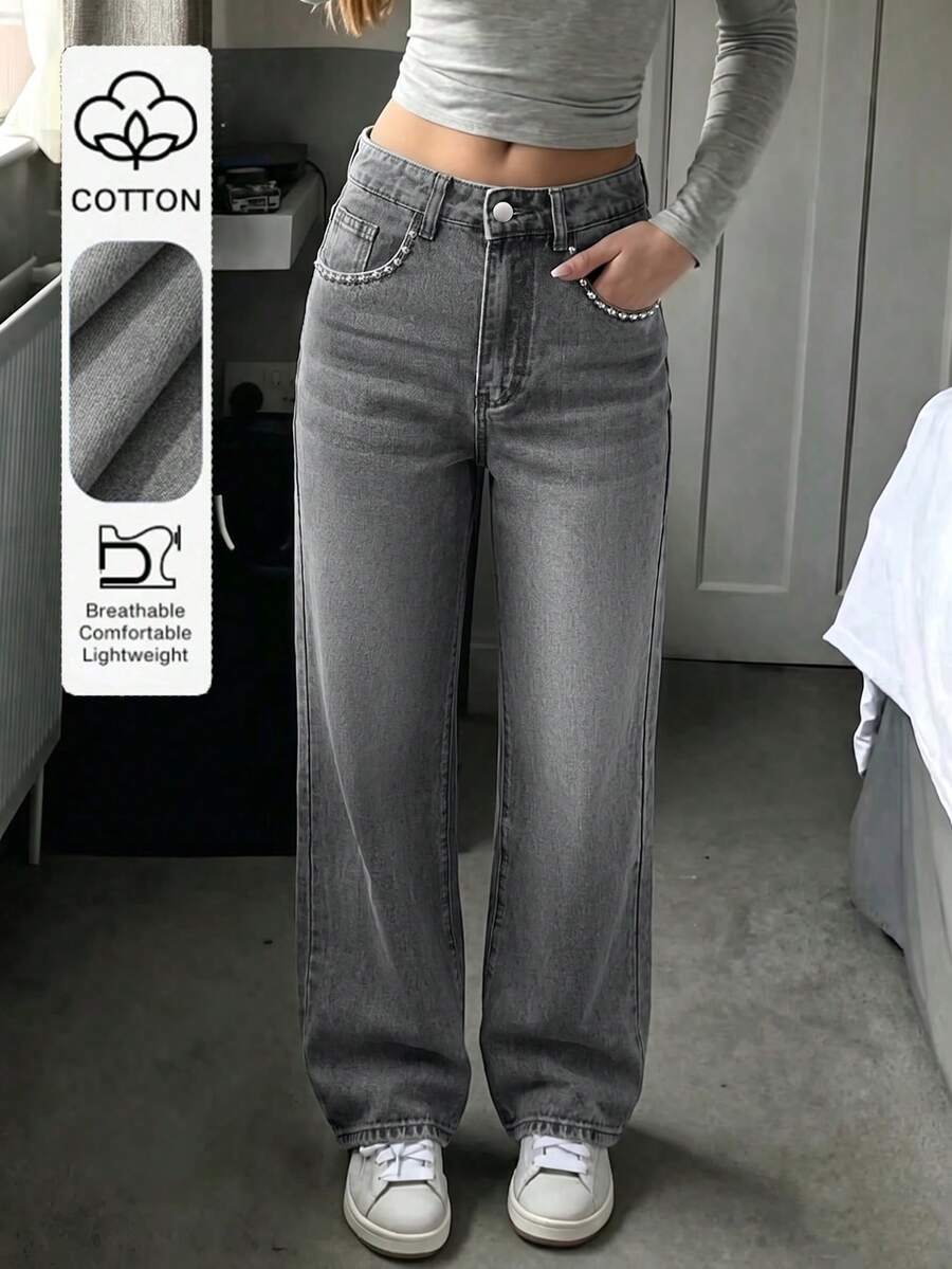European And American Style All-Season Versatile Mid-Waist Non-Stretch All-Match Relaxed Fit Straight Leg Jeans For Women Casual Fall - Grey - View 1