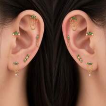 1PC G23 Titanium Internally Threaded Labret Stud Emerald Green Chain Cartilage Stud Earrings Cluster Flat Earring Piercing Jewelry Women New - Green - View 2