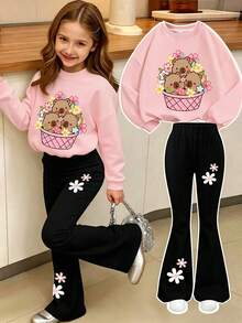 Girls Sweet 2-Piece Sports Set, Capybara & Flower Basket Print Sweatshirt With Floral Flare Pants, Spring/Autumn Outfit - Pink - View 10