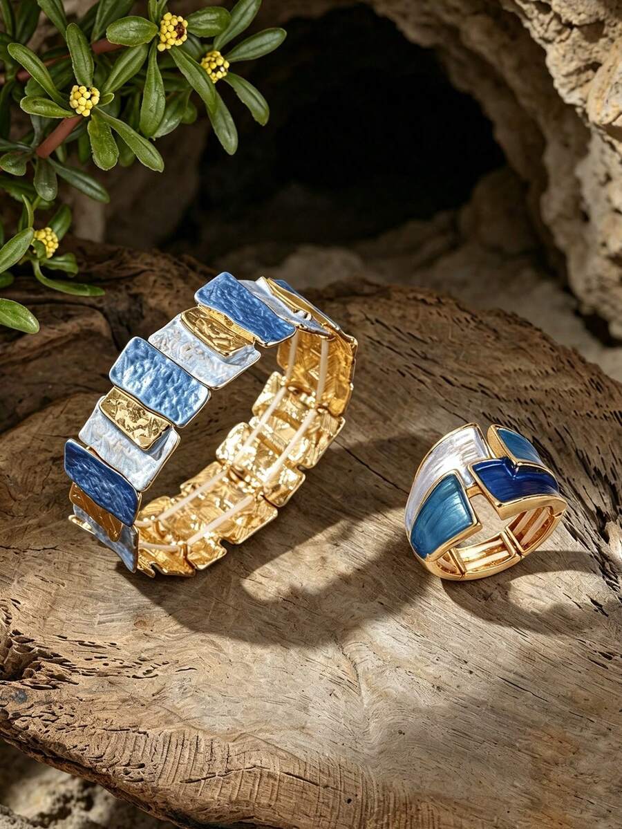 Cring Coco 2PCS/SET Woman Jewelry Set Fashion Boho Enamel Simple Geometric Stretch Bracelet And Ring Set For Daily Party Prom Vacation Christamas Jewelry Gift - Geometry - View 1