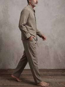 GOLDREDY Spring/Autumn Vintage Chinese Style Men's Stand Collar Single-Breasted Long Sleeve Shirt And Loose Straight Leg Pants Casual Commute Set - Khaki - View 5