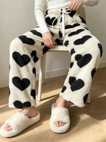 1pc Women's Flannel Heart Print Long Pants, Casual Comfortable Loungewear Pajama Pants - Beige - View 2