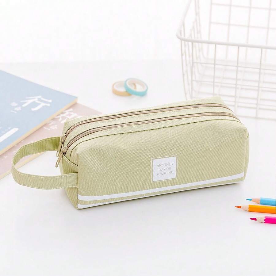 1pc Solid Color Large Capacity Pencil Case, Double Zipper Canvas Pencil Pouch With Handle, Portable Multi-Layer Aesthetic Stationery Storage Bag For School & Office - Creative Double Layer - View 1