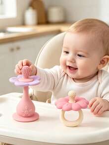 2PCS/Set Mainan Gigit Bayi Berbentuk Bunga + Mainan Meja Bayi Berbentuk Bunga, Alas Hisap Kuat, Dapat Ditempelkan di Meja atau Kamar Mandi, Desain Empeng Berbentuk Bunga, Mainan untuk Mengonsumsi Gusi Bayi yang Sedang Tumbuh Gigi - MultiWarna - View 1