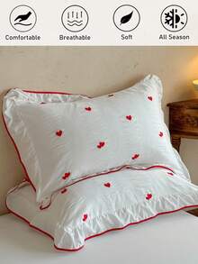 1pc Red Embroidered Small Heart Ruffle Edge Pillowcase, French Princess Style Decorative Throw Pillow Cover Suitable For All Seasons, Modern Minimalist Cute Decorative Long Pillowcase, Perfect Gift, Machine Washable, No Filling Included - Red and White - View 2