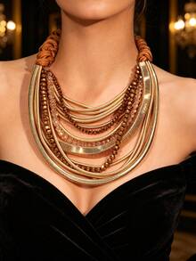 1pc Luxury Vintage Alloy Braided Wax Rope Multi-Layer Snake Chain Artificial Crystal Beaded Necklace For Women, Suitable For Evening Party And Daily Wear - X-861 Multi-layer Faux Crystal Necklace - View 2