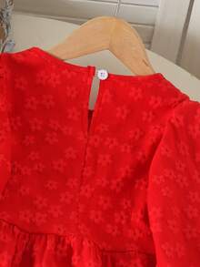 2pcs Girls Pastoral Mori Style Big Bow Decor Ruffle Hem Jacquard Top & Floral Embroidery Straight Leg Denim Jeans Versatile Casual Outfit Spring Autumn - Red - View 6