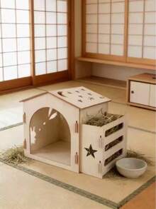 Wooden Rabbit Hideout With Hay Feeding Box, Star & Moon Hollow Rabbit Shelter, Detachable Guinea Pig Hiding Nest, Small Pet Wooden Habitat Decor - one-size - View 4